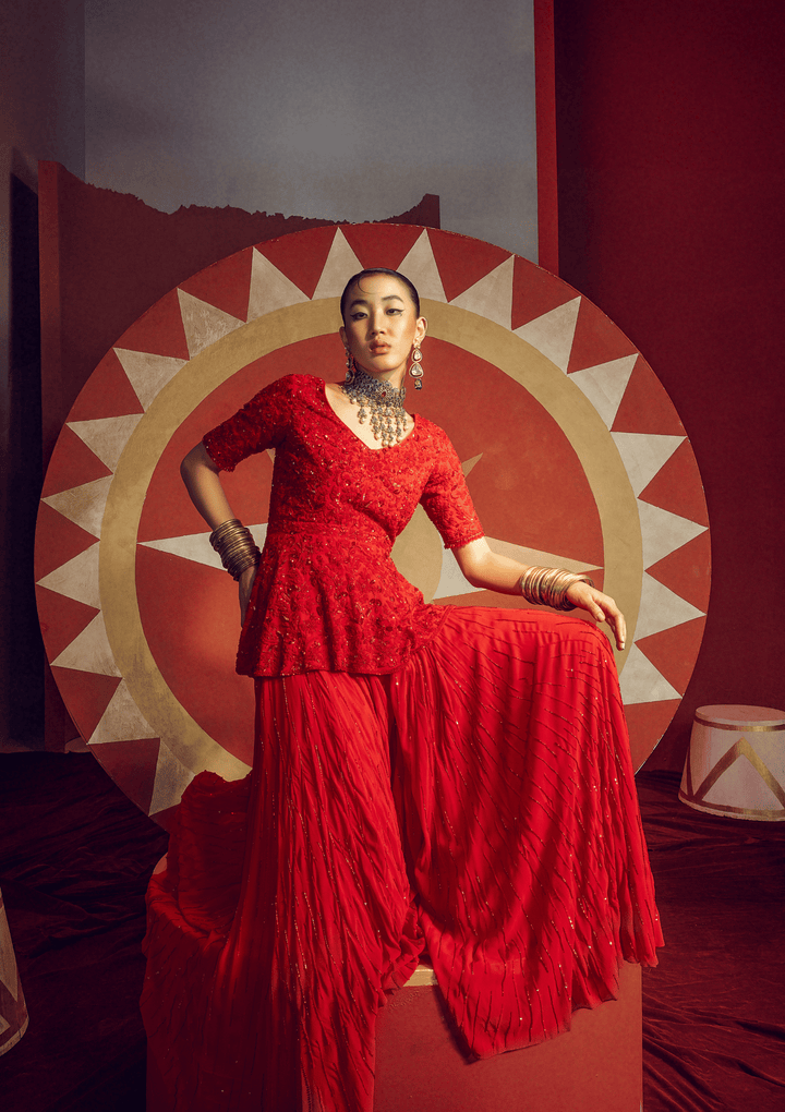 Red Peplum Palazzo Set